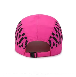 Detail view of pink quick-dry sports cap showing breathable mesh and plastic back strap