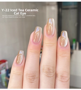 Macro detail of Y-22 champagne cat-eye nail polish showing icy moonlight shimmer effect