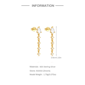 Detail of S925 sterling silver drop earring with AAA zirconia and gold plating finish