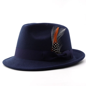 Navy wool felt fedora hat featuring a matching ribbon and colorful feather accent