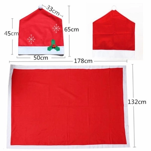 Detailed dimensions of red Christmas chair covers and tablecloth with snowflake patterns