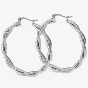 Minimalist twisted 304 stainless steel hoop earrings with silver textured braided finish