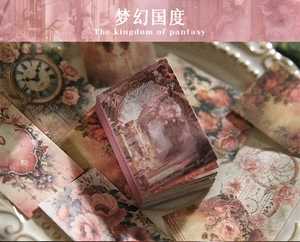Close-up of vintage aesthetic scrapbook paper set with floral and clock motifs