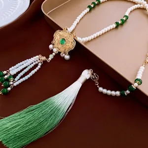 Vintage New Chinese Style Long Necklace Imitation Artificial Pearl Glass Beads Hollow Alloy Safety Lock Pendant Gradient Satin Tassel