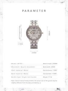 Detailed parameter chart for silver quartz watch with size dimensions and specifications