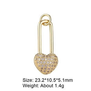 Gold heart-shaped key pendant with micro-pave cubic zirconia crystals for jewelry DIY