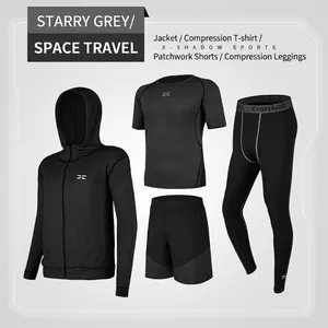 Set compressione uomo 4 pezzi grigio stellato in tessuto cationico ad asciugatura rapida