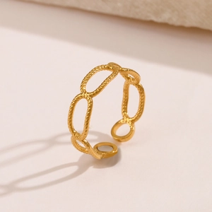 Minimalist gold plated stainless steel hollow chain ring with geometric open design