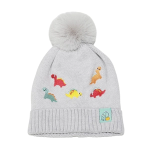 Kids grey knitted beanie featuring colorful dinosaur embroidery and a fluffy faux fur pom