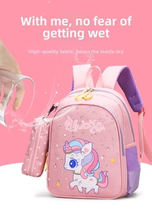 Waterproof detail of a pink unicorn kids backpack with droplets and splash effects