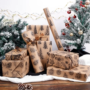 Retro brown Kraft Christmas wrapping paper with black hand-drawn pine trees and pinecones
