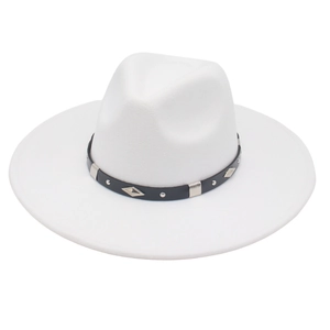 Close-up of white wool fedora with black leather belt and diamond metal studs