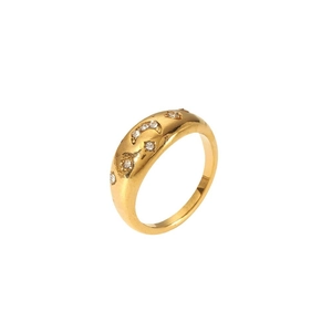 18K gold plated titanium steel ring featuring star and moon motifs with zircon stones