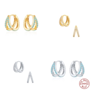 925 Sterling Silver Double Row Zirconia Turquoise Hoop Earrings Geometric Cross Over Huggie Earrings For Women Fine Jewelry