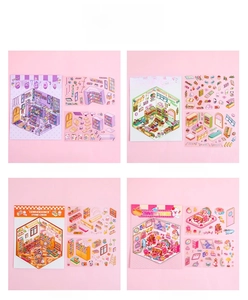 Detailed 3D miniature PET stickers set with library and grocery store house themes