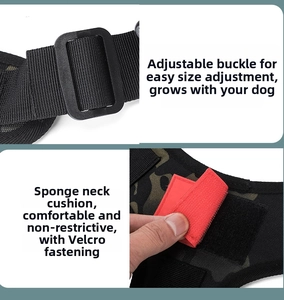 Detail view of pet harness with adjustable buckle, camouflage padding and red velcro strap