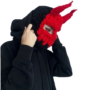 Halloween balaclava with red devil horns and black knit design for parties