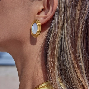Close-up of elegant 18K gold stainless steel earrings with white mother of pearl inlay
