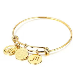 Stainless Steel Zodiac Sign Charm Bangle Adjustable Wire Bracelet With Pendants Constellation Fashion Jewelry Women