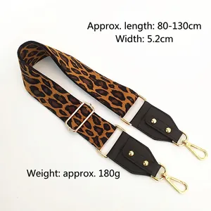 Adjustable leopard print bag strap with gold hooks, 5.2cm wide and 80-130cm long