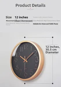Detailed specifications of 12-inch silent quartz wall clock with matte rose gold frame