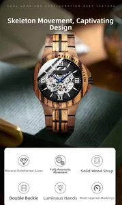 Macro shot of men's automatic wooden watch featuring skeleton dial and luminous hands