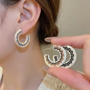 Orecchini A Cerchio A Forma Di C Vintage Con Perno In Argento Rame Smalto Motivo A Onde Gioielli Retro Geometrici Da Donna