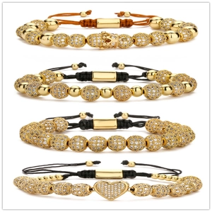 Handmade Braided Rope Bracelet Copper Beads Cubic Zirconia Pave Balls Crown Heart Charm Adjustable Jewelry For Women Men