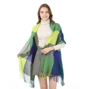Plaid wool scarf wrap with green and yellow checkered pattern and tassels for winter