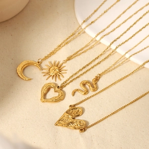 Sun Moon Heart Snake Pendant Necklace 18K Gold Plated Stainless Steel Non Fading Retro Bohemian Jewelry For Women