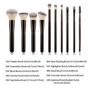 Professional 10pcs makeup brush set with dark brown wood handles and soft fiber bristles