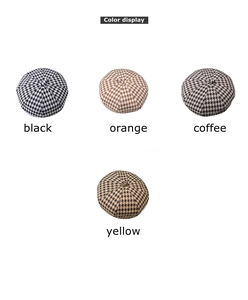 Detailed color display of houndstooth beret hats in black, orange, coffee, and yellow