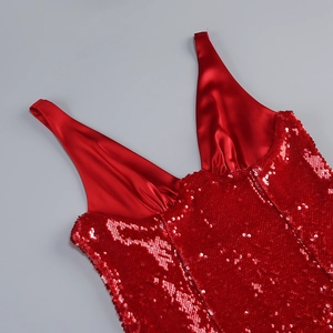 Detail of red sequins and satin strap on a deep V-neck evening gown for women