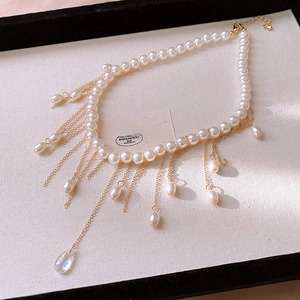 French Retro Artificial Pearl Tassel Necklace With Copper Chain And Water Drop Pendant Elegant Baroque Style Jewelry For Women