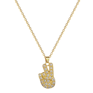 Golden titanium steel necklace featuring a sparkling full rhinestone V-gesture pendant