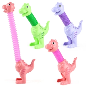 Colorful pop tube dinosaur fidget toys with stretchable necks in pink green and purple