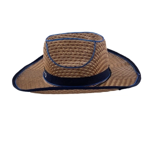 Close-up of brown woven cowboy hat featuring vibrant blue trim and decorative band details