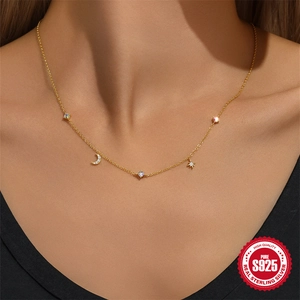 Classic 925 sterling silver gold necklace with star and moon charms and colorful gems
