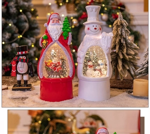 Detailed view of festive Santa and Snowman snow globe lamps with glowing interior scenes.