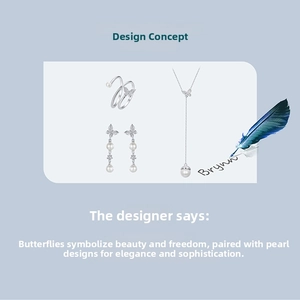 Detailed S925 silver jewelry set featuring pearl butterfly ring, earrings, and necklace