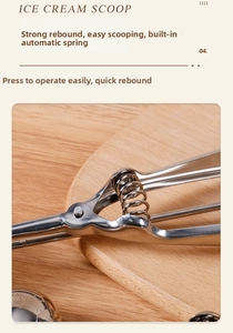 Detail of stainless steel ice cream scoop featuring the automatic spring release mechanism