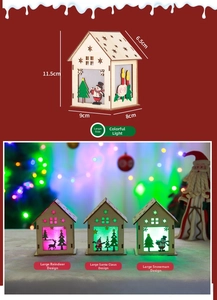 Macro detail of LED wooden Christmas house with elk patterns and color-changing light