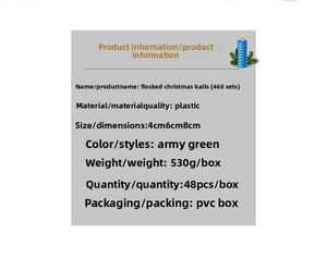 Detailed size specifications for 4cm, 6cm, and 8cm army green flocked Christmas balls set