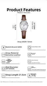 Detailed size parameters for the mini oval quartz watch with brown leather strap
