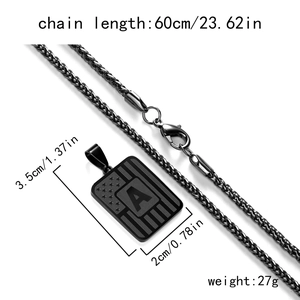 Matte black titanium steel square pendant necklace with letter A and 60cm chain