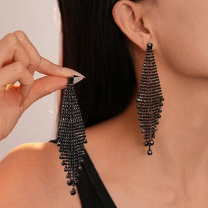 Elegant long black rhinestone tassel drop earrings with sparkling luxury dangle design