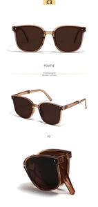 Three-way view of champagne brown folding sunglasses showing front, side and folded states