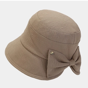 Brown textured bucket sun hat with stylish bow and golden metal buckle decoration