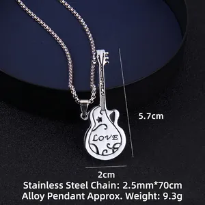Stainless steel guitar pendant necklace with star engraving for rock and music lovers