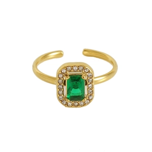 Detail of adjustable gold ring with emerald-cut green stone and sparkling halo